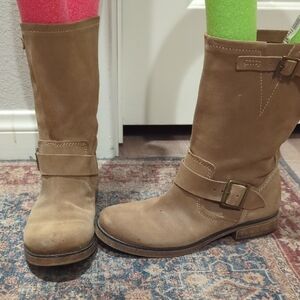 Vintage American Eagle Outfitters Suede Lace-Up Buckle Mid-Calf Boots in Tan
